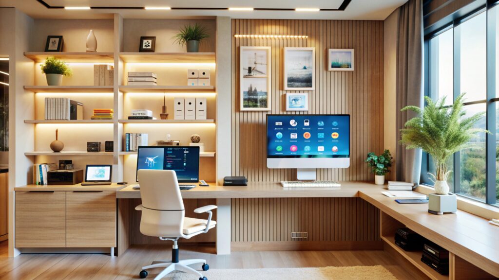 modern home office with wooden desk, shelves, and a large window.